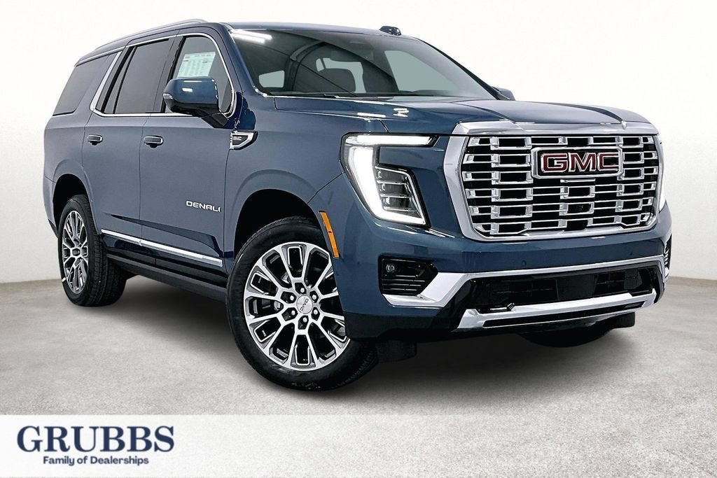 2026 GMC Yukon Denali in Downpour Metallic — front three-quarter view